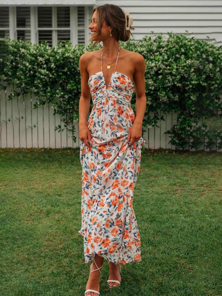 Elegante Maxi Jurk | Bloemenprint, Halternek & Bohemian Stijl