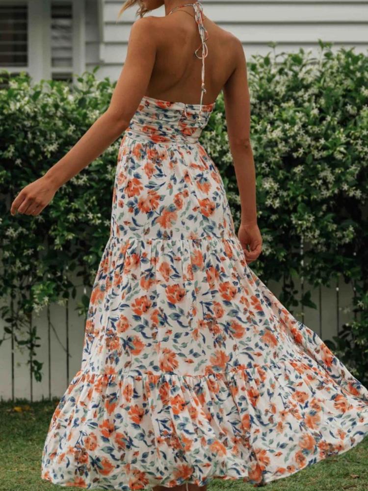 Elegante Maxi Jurk | Bloemenprint, Halternek & Bohemian Stijl