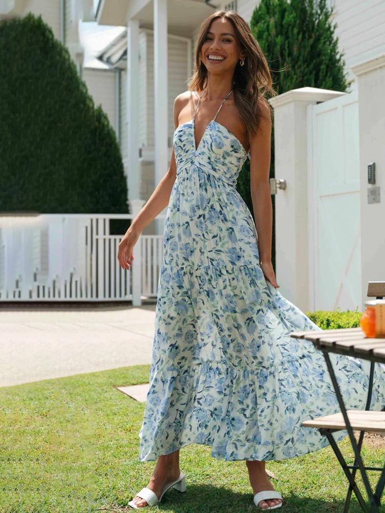 Elegante Maxi Jurk | Bloemenprint, Halternek & Bohemian Stijl