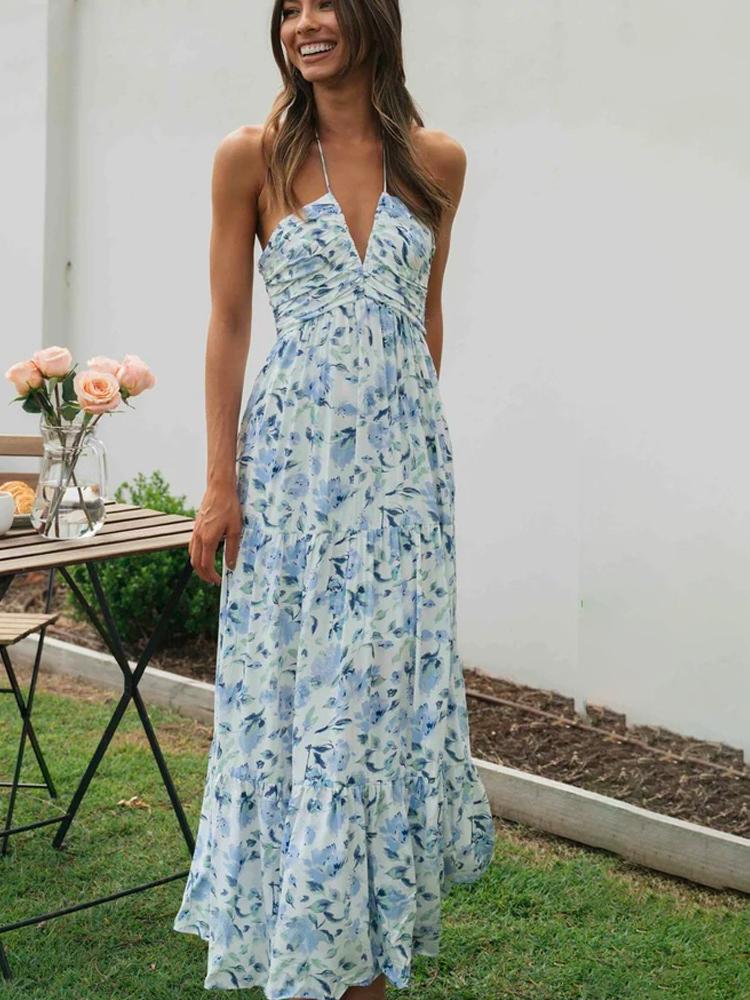 Elegante Maxi Jurk | Bloemenprint, Halternek & Bohemian Stijl