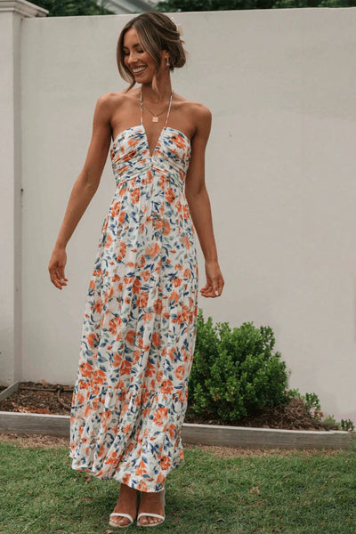 Elegante Maxi Jurk | Bloemenprint, Halternek & Bohemian Stijl