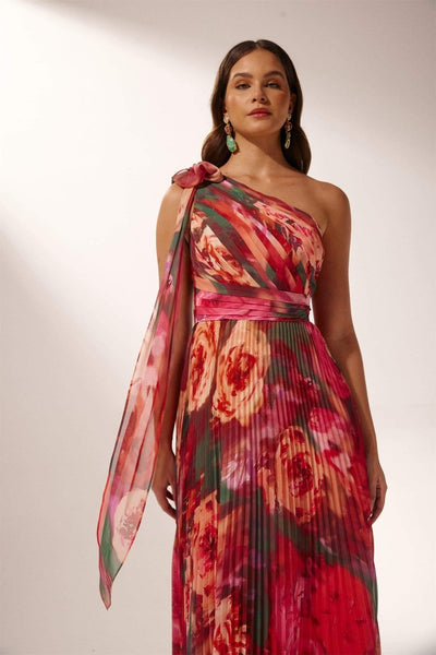 Elegante One-Shoulder Maxi Jurk | Bloemenprint & Geplisseerd | Chique Avondjurk