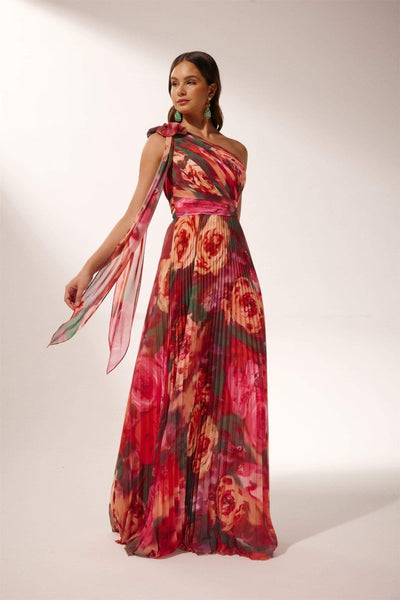 Elegante One-Shoulder Maxi Jurk | Bloemenprint & Geplisseerd | Chique Avondjurk