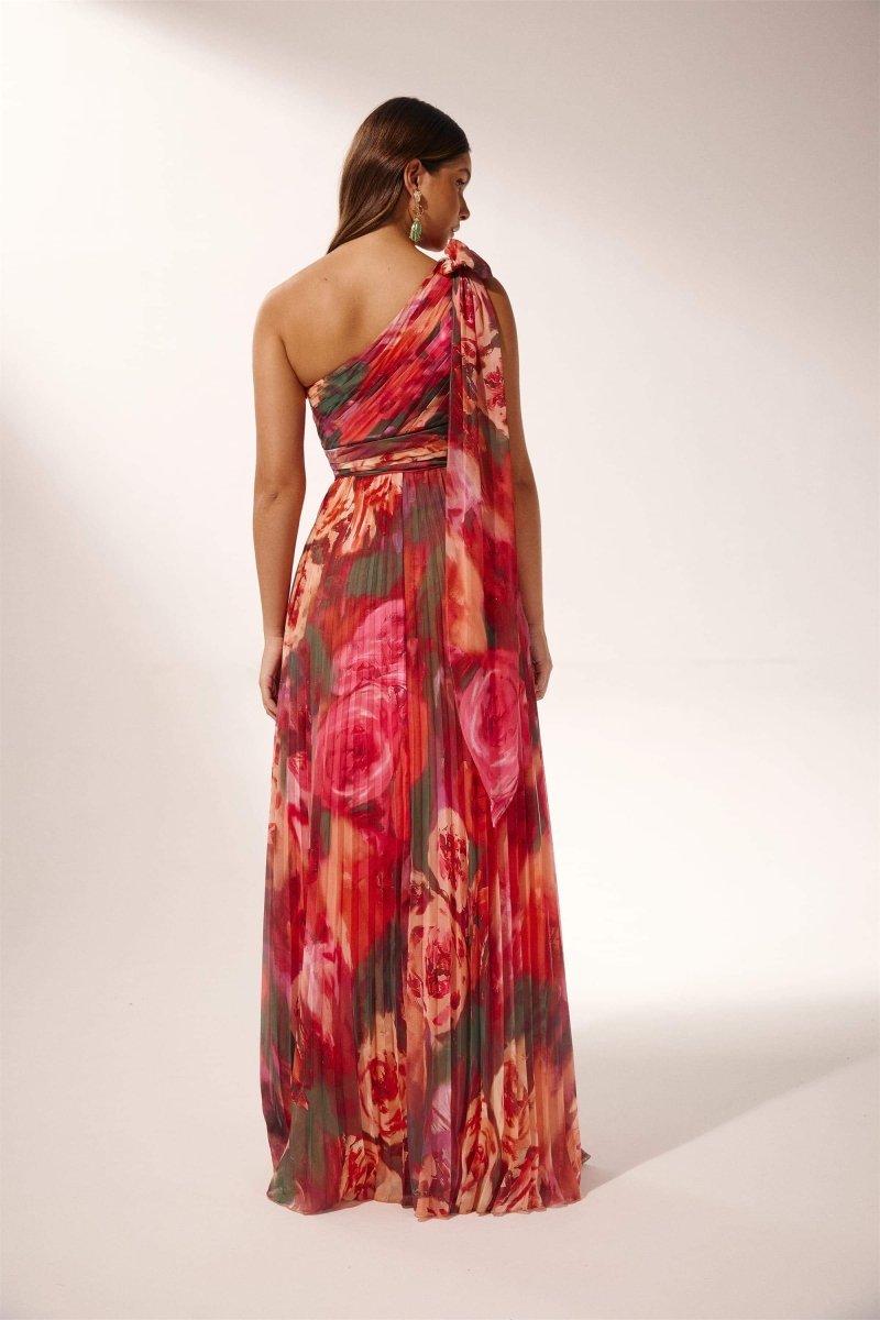 Elegante One-Shoulder Maxi Jurk | Bloemenprint & Geplisseerd | Chique Avondjurk