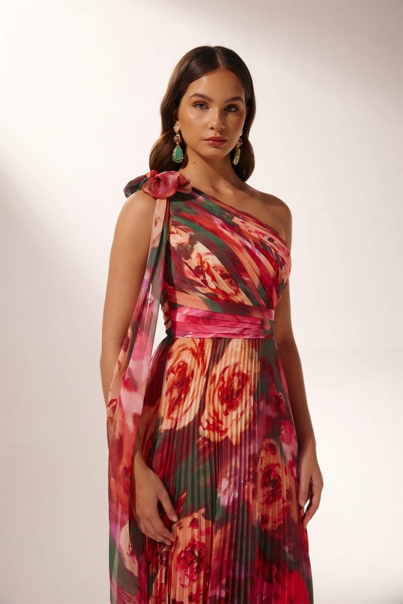 Elegante One-Shoulder Maxi Jurk | Bloemenprint & Geplisseerd | Chique Avondjurk