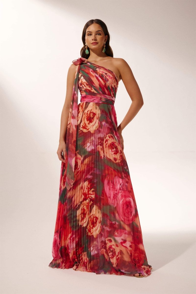 Elegante One-Shoulder Maxi Jurk | Bloemenprint & Geplisseerd | Chique Avondjurk